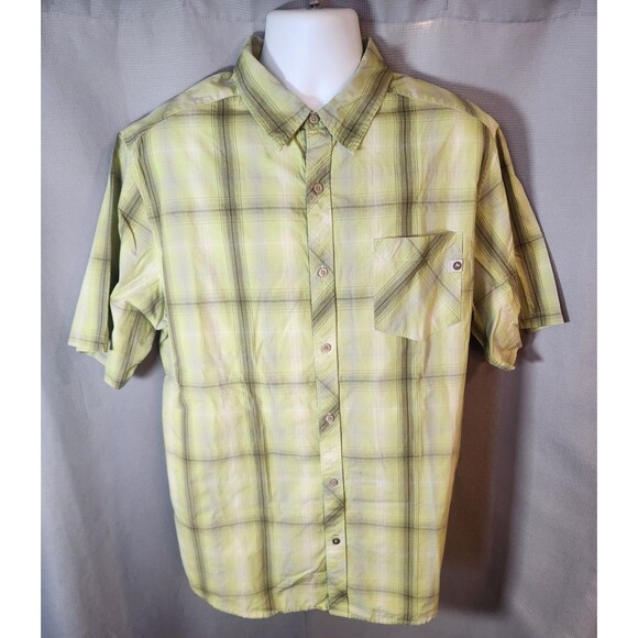 Marmot Shirt Mens Large Yellow Plaid Short Sleeve Button Up Organic Cotton XL - Picture 1 of 5